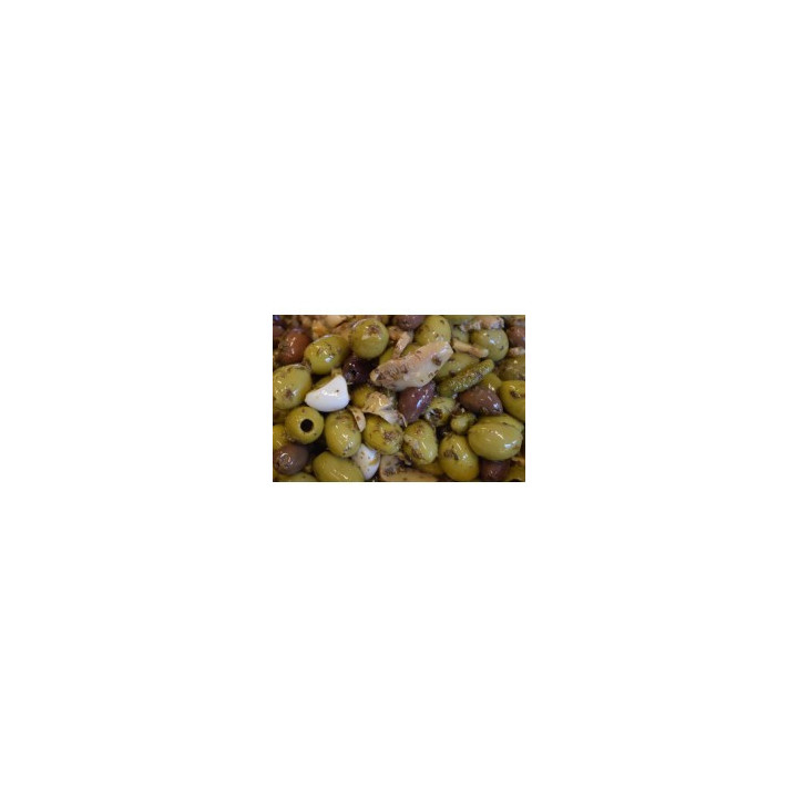 Gourmet Pitted Olives Marinated with Basil and Garlic – 5kg Bulk Tub